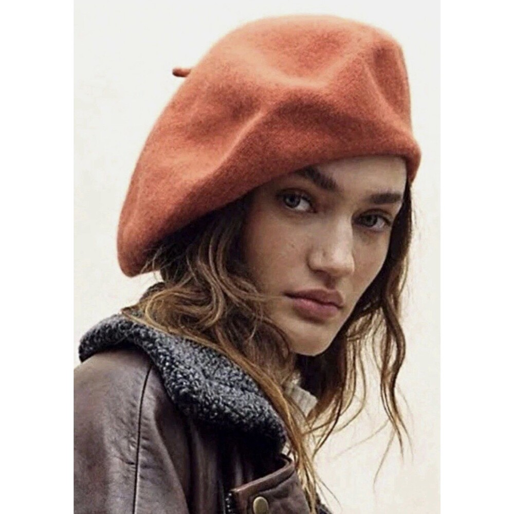 Women’s Burnt Orange Wool Nylon Blend Beret Hat Solid One Size Fall Winter